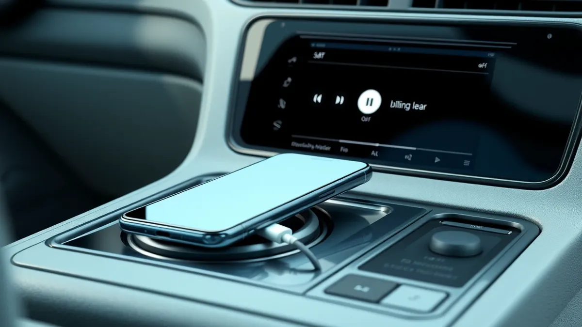 Illustration: A smartphone rests in a car cup holder with a charging cable plugged into the port.