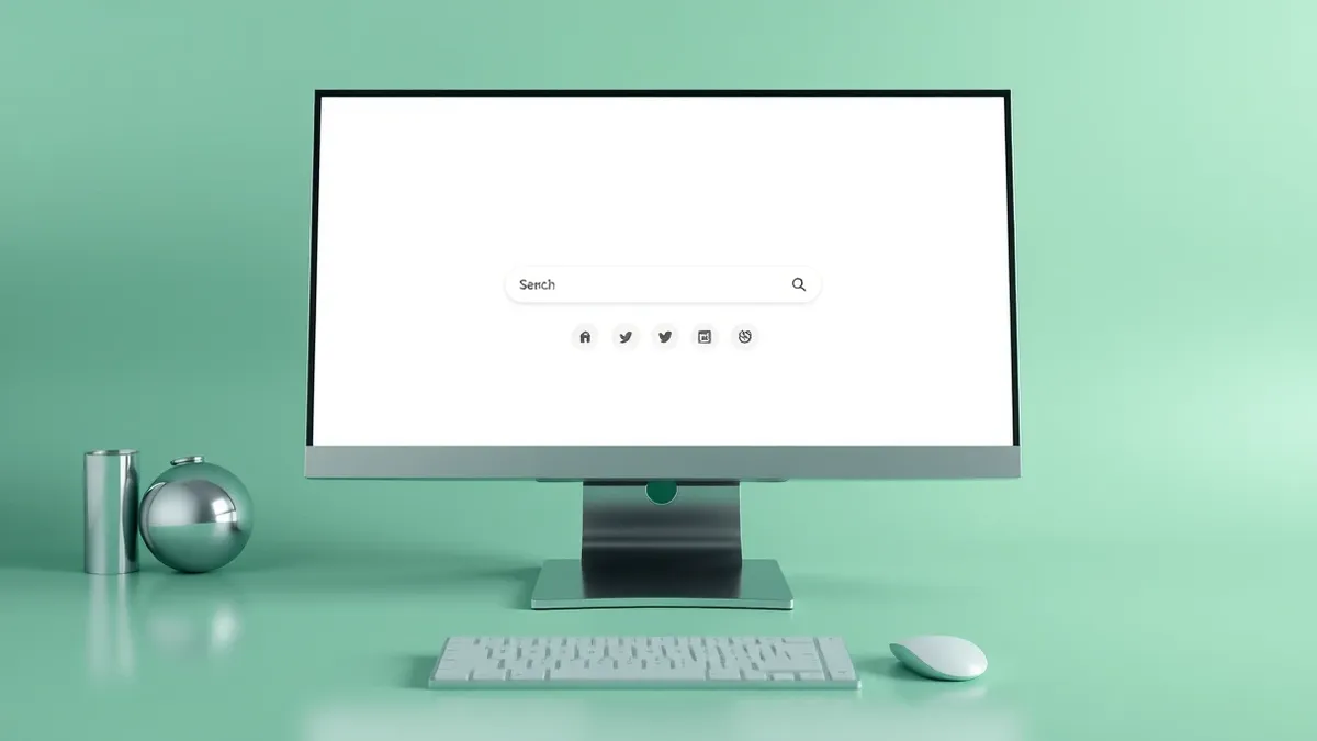 Illustration: A sleek desktop monitor displays a minimalist search interface on a bright background.