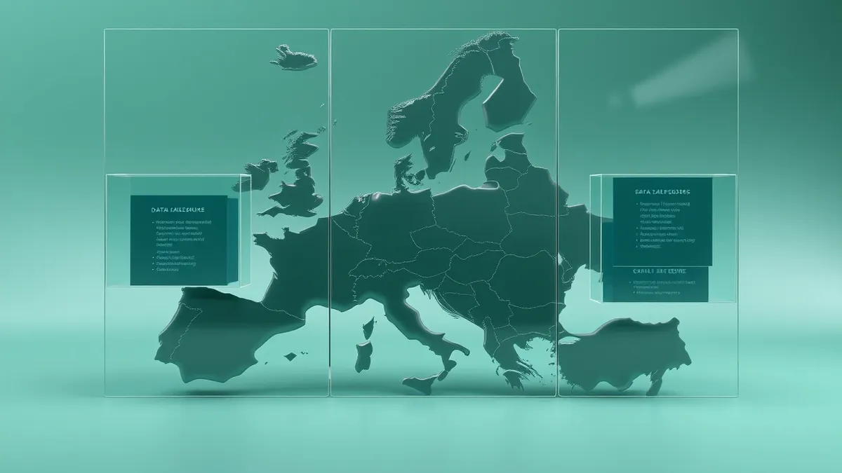 Illustration: A fragmented map of Europe sits beneath translucent glass panes, with each country section holding its own isolated data box.
