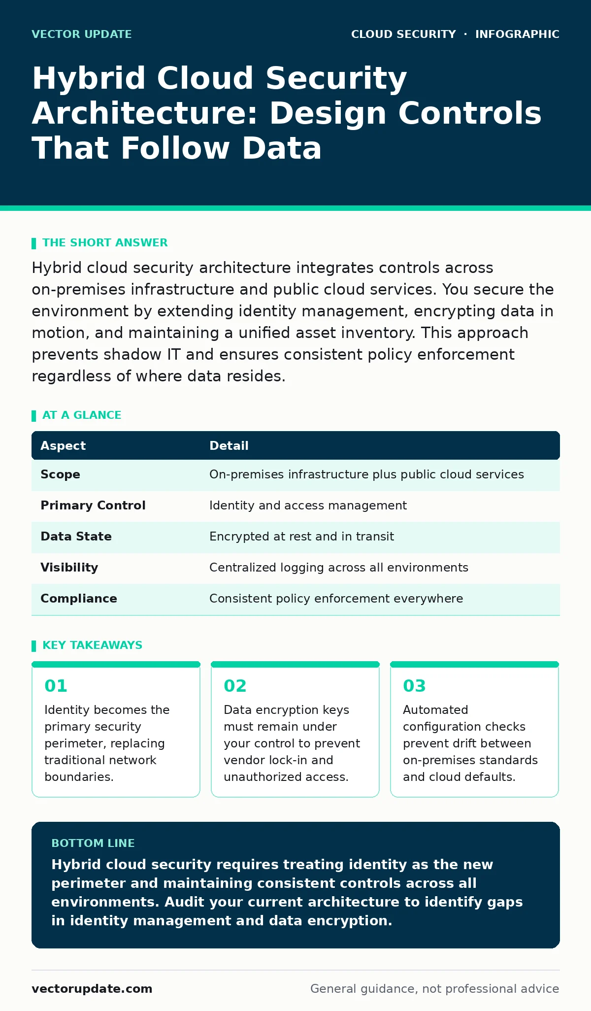 Infographic: Hybrid Cloud Security Architecture: Design Controls That Follow Data. Identity becomes the primary security perimeter, replacing traditional network boundaries. Data encryption keys must remain under your control to prevent vendor lock-in and unauthorized access. Automated configuration