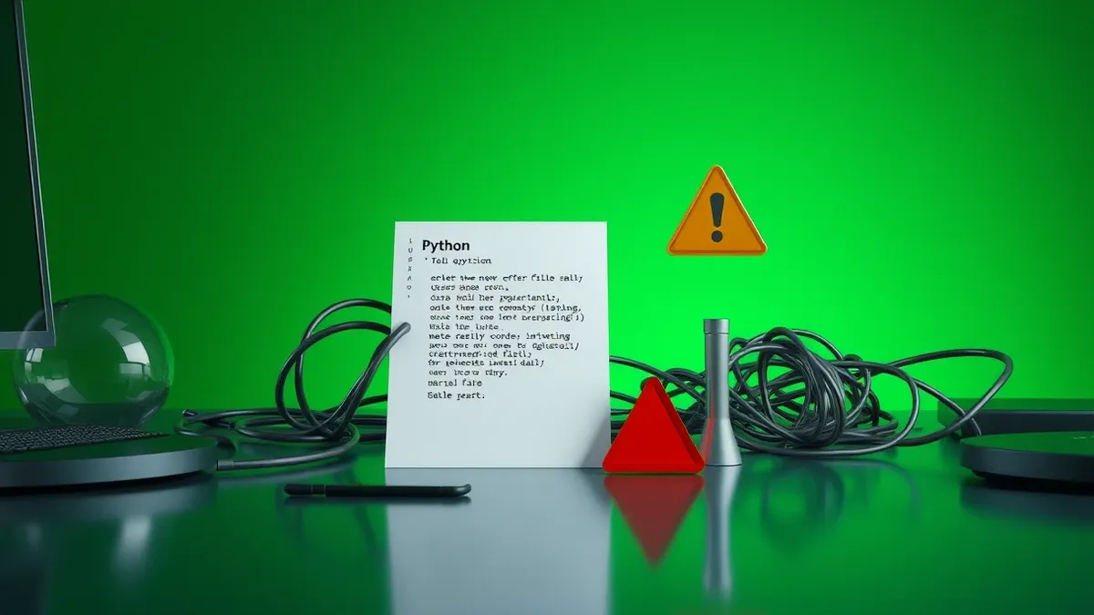 Illustration: A Python script file sits on a desk next to a tangled, chaotic knot of wires representing dangerous serialized data.