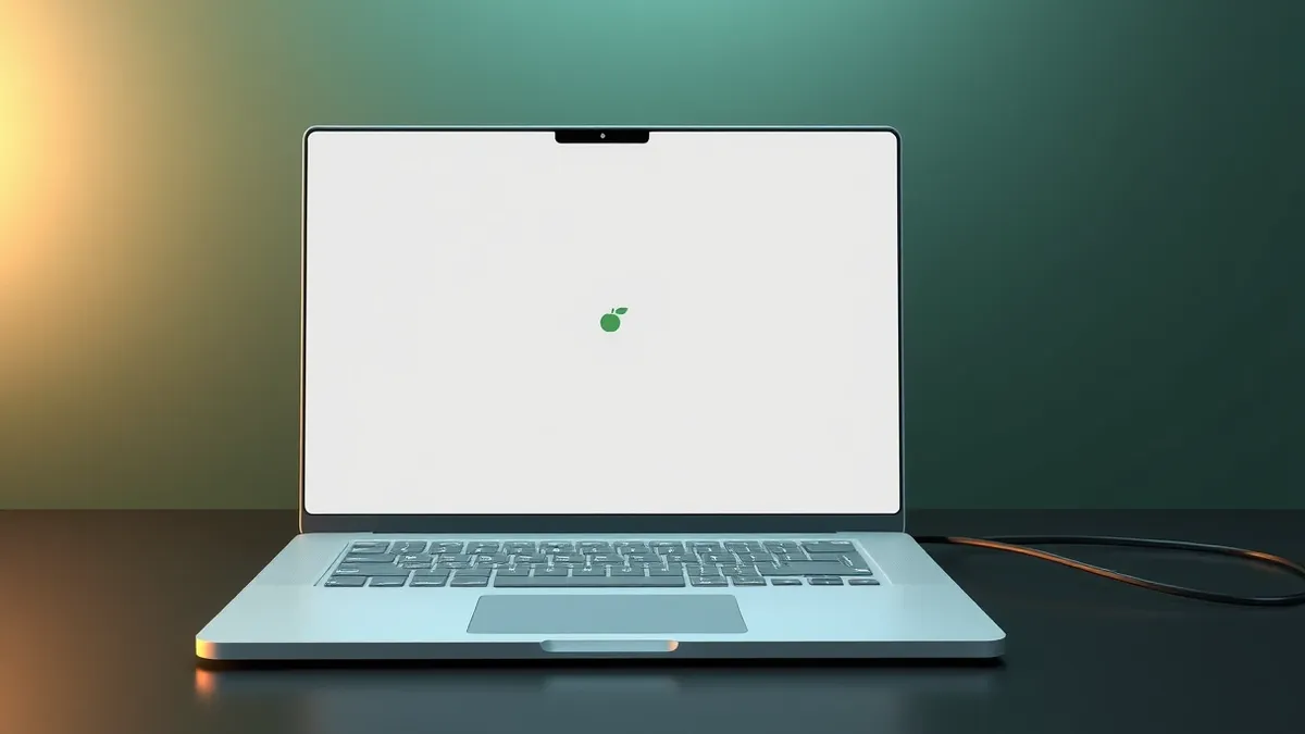 Illustration: A blank white laptop screen displays a single generic fruit icon in the center.