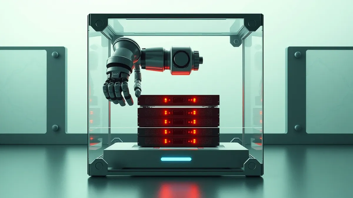 Illustration: A translucent geometric cage surrounds a small, sleek robot arm.