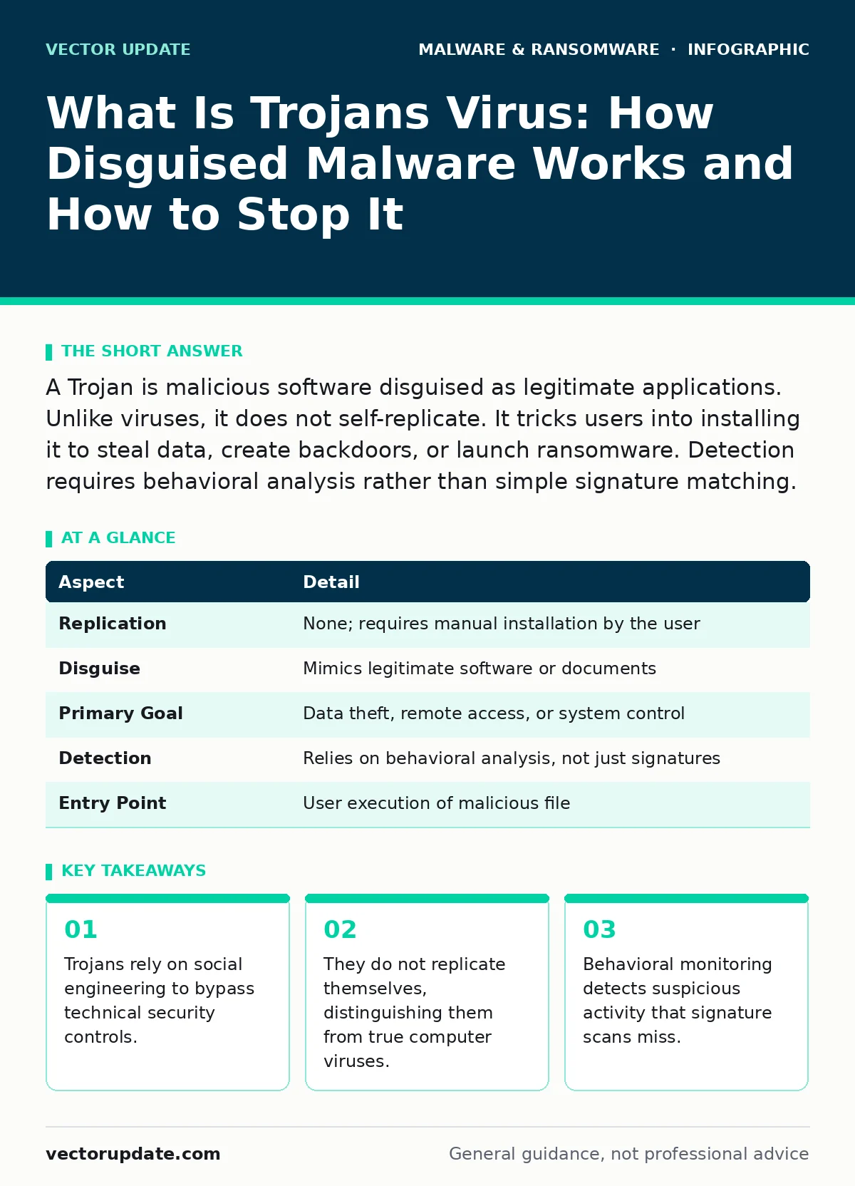 Infographic: What Is Trojans Virus: How Disguised Malware Works and How to Stop It. Trojans rely on social engineering to bypass technical security controls. They do not replicate themselves, distinguishing them from true computer viruses. Behavioral monitoring detects suspicious activity that signa