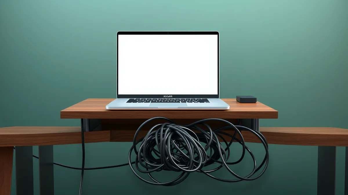 Illustration: A sleek silver laptop sits on a wooden desk with its screen displaying a blank application window.
