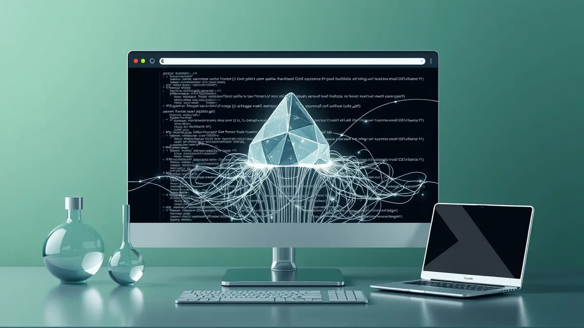 Illustration: A sleek chrome browser window on a desktop monitor displays abstract geometric shapes shifting rapidly.