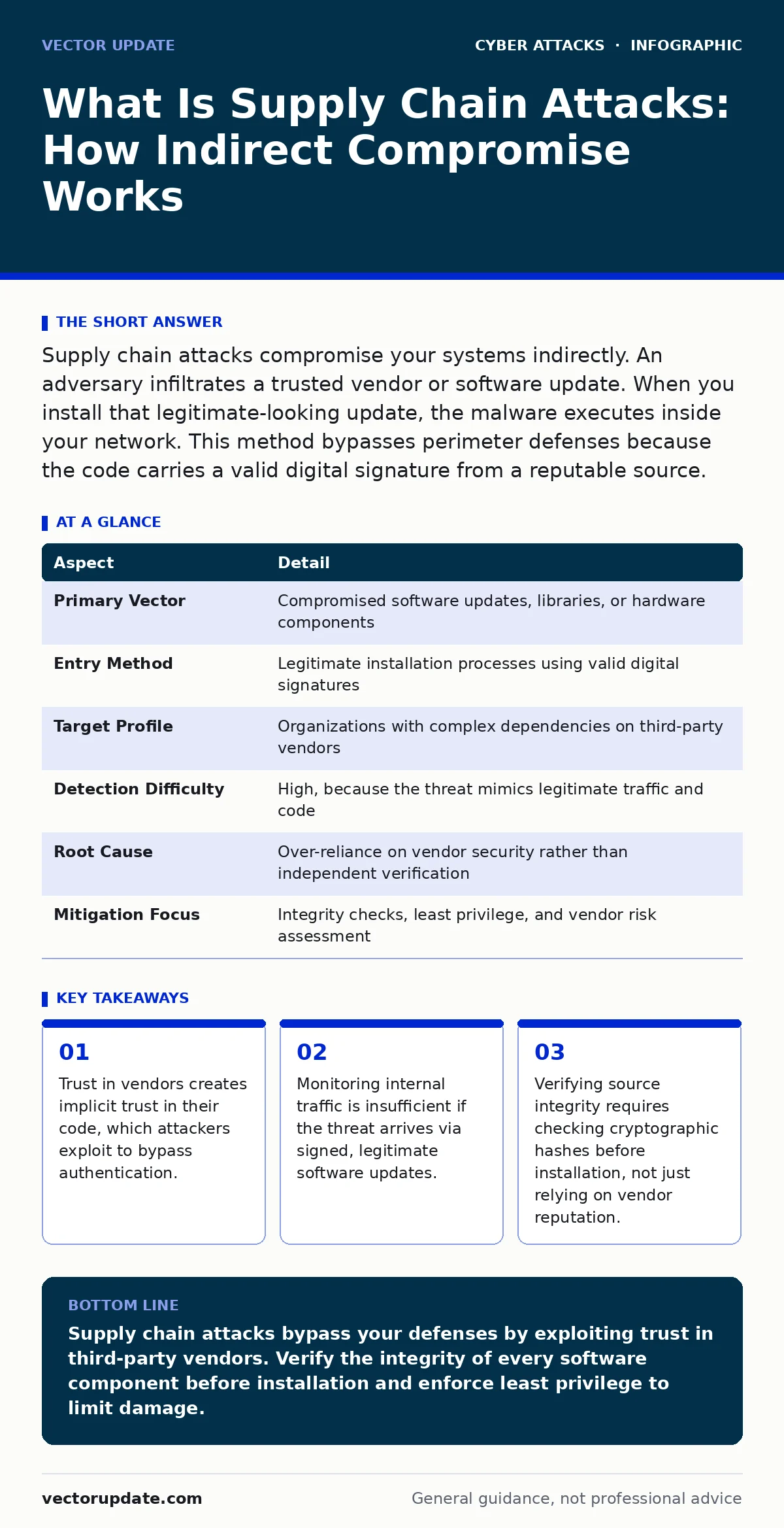 Infographic: What Is Supply Chain Attacks: How Indirect Compromise Works. Trust in vendors creates implicit trust in their code, which attackers exploit to bypass authentication. Monitoring internal traffic is insufficient if the threat arrives via signed, legitimate software updates. Verifying sour