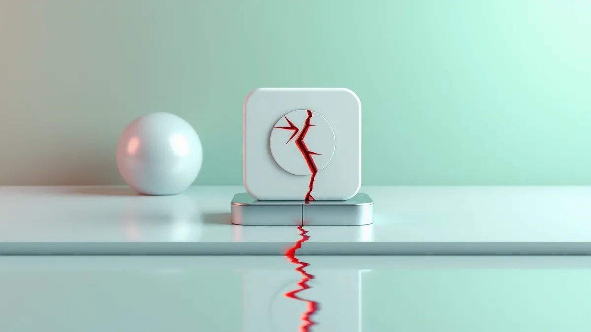 Illustration: A clean software installation icon sits on a pristine digital surface, but a tiny, jagged red crack spreads silently from its base.