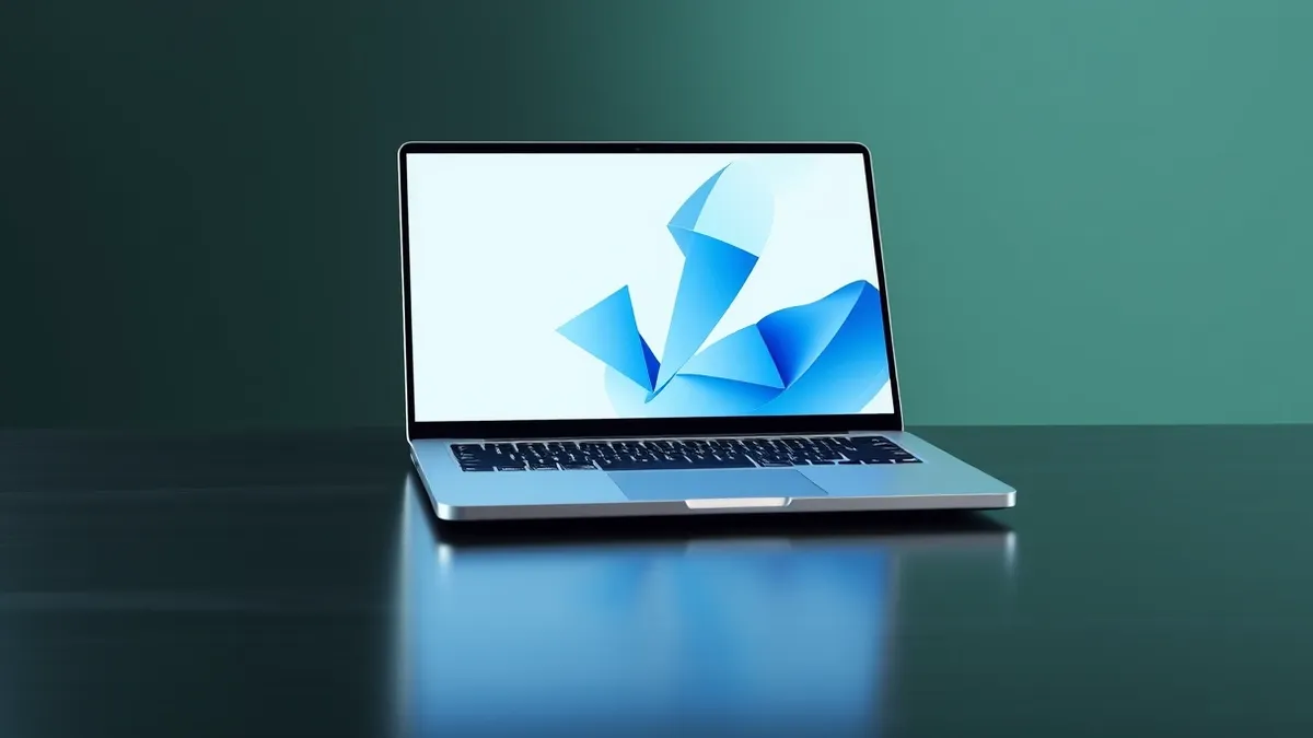 Illustration: A sleek silver laptop sits open on a dark wooden desk, its lid reflecting soft ambient light.