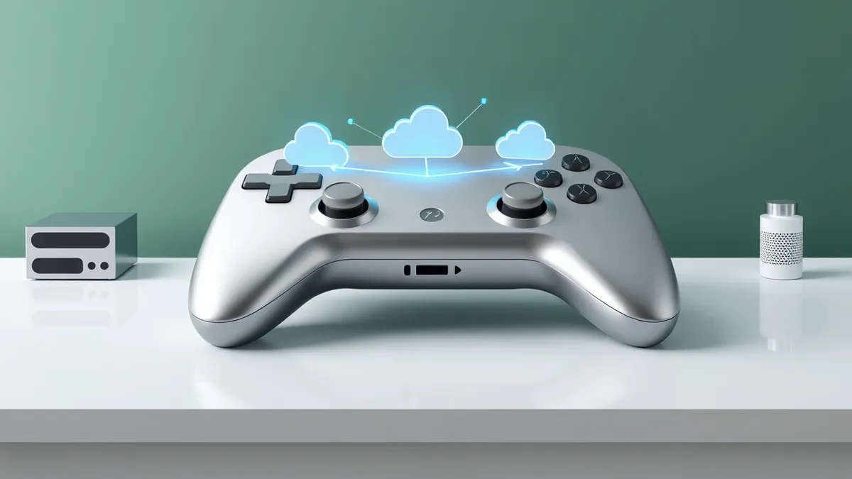 Illustration: A sleek silver controller rests on a clean white desk, its surface displaying abstract geometric patterns that link floating server icons.