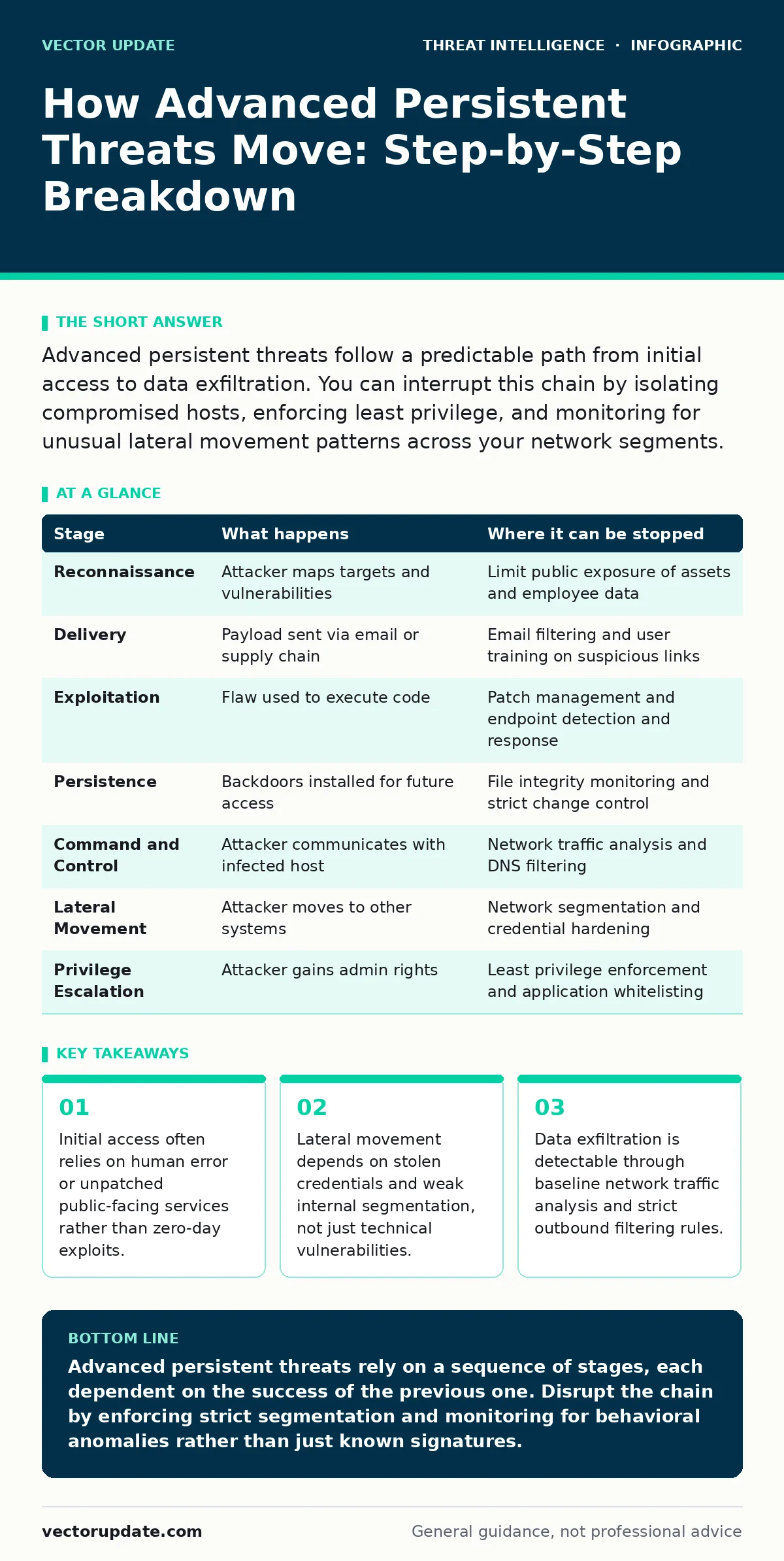 Infographic: How Advanced Persistent Threats Move: Step-by-Step Breakdown. Initial access often relies on human error or unpatched public-facing services rather than zero-day exploits. Lateral movement depends on stolen credentials and weak internal segmentation, not just technical vulnerabilities.