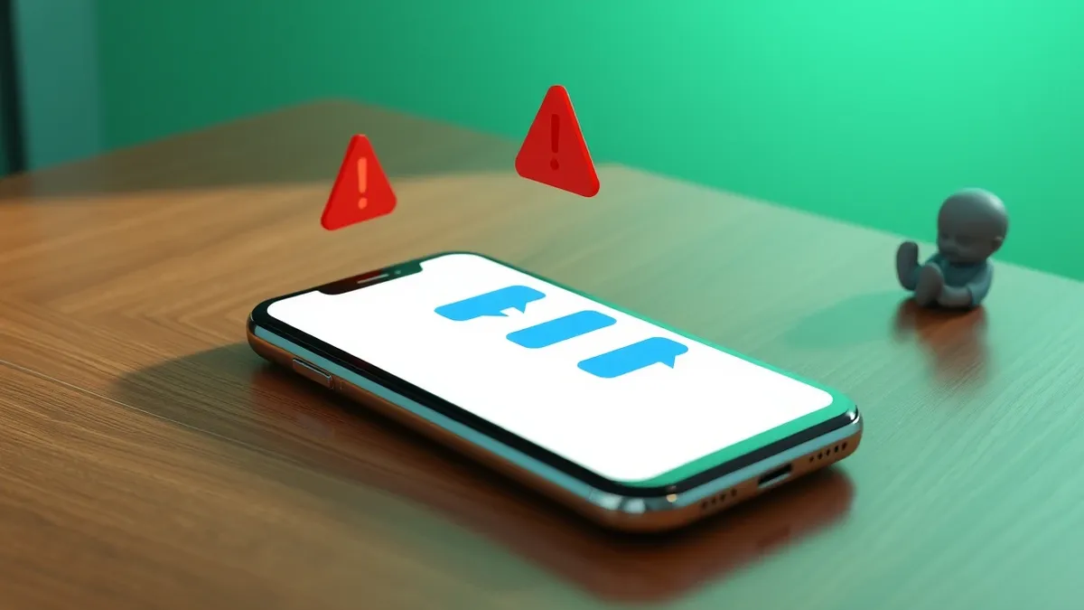 Illustration: A sleek smartphone rests on a wooden table, its screen displaying a chat interface with empty message bubbles and abstract blue speech icons.