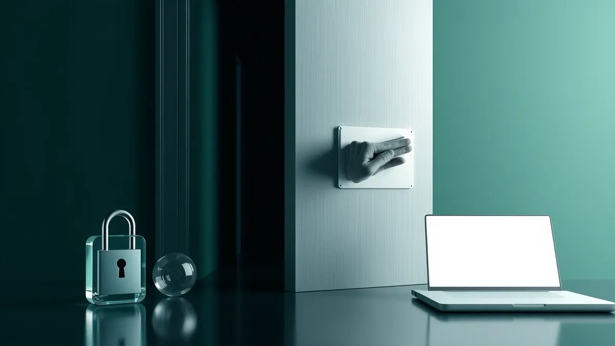 Illustration: A digital lock sits open on a heavy door, revealing a dark hallway behind it.