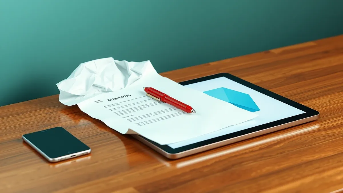 Illustration: A crumpled sheet of paper sits next to a sleek tablet on a wooden desk.