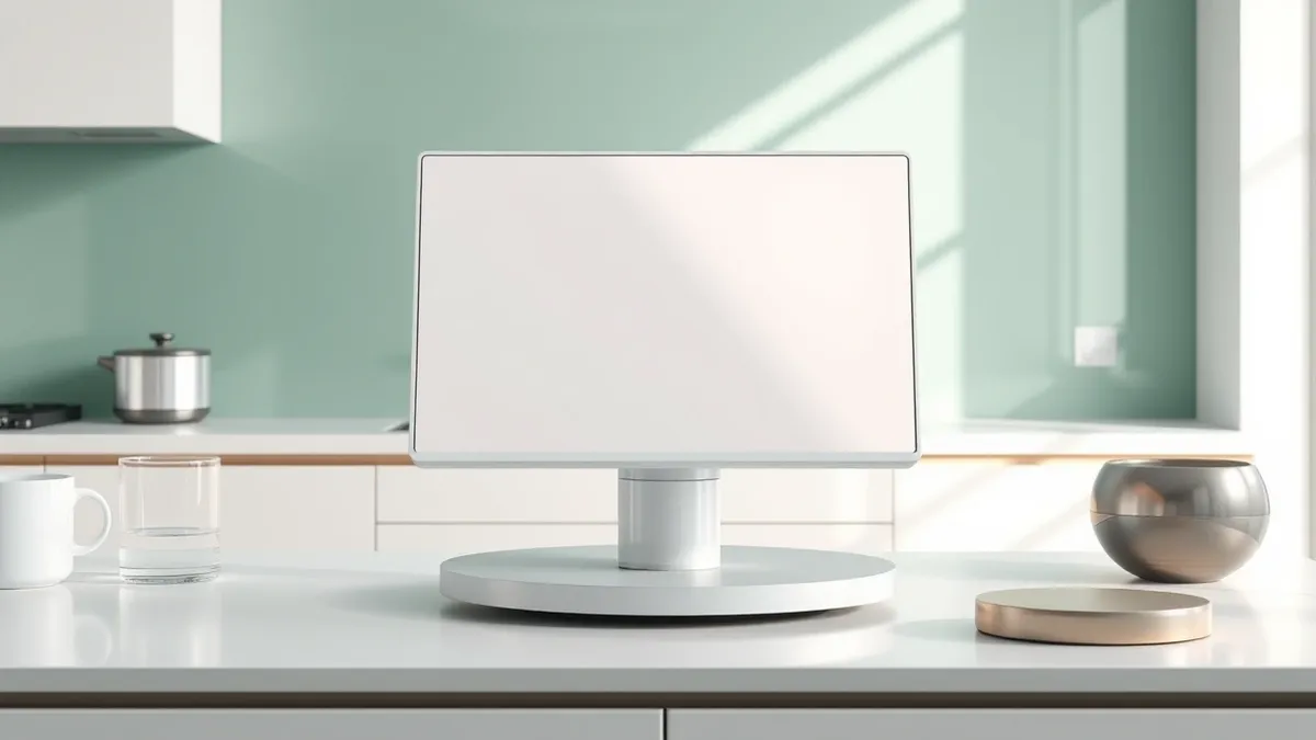 Illustration: A sleek, white smart display sits on a clean kitchen countertop.