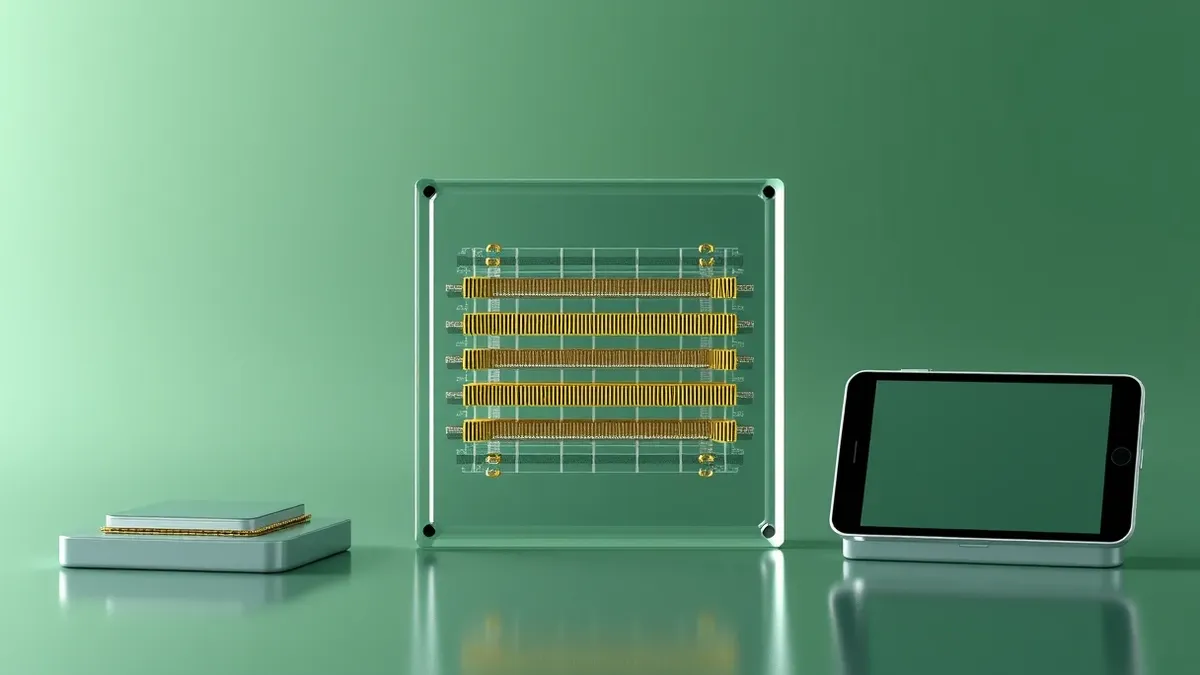 Illustration: A magnified cross-section of a complex microchip reveals twelve distinct rectangular layers stacked vertically.