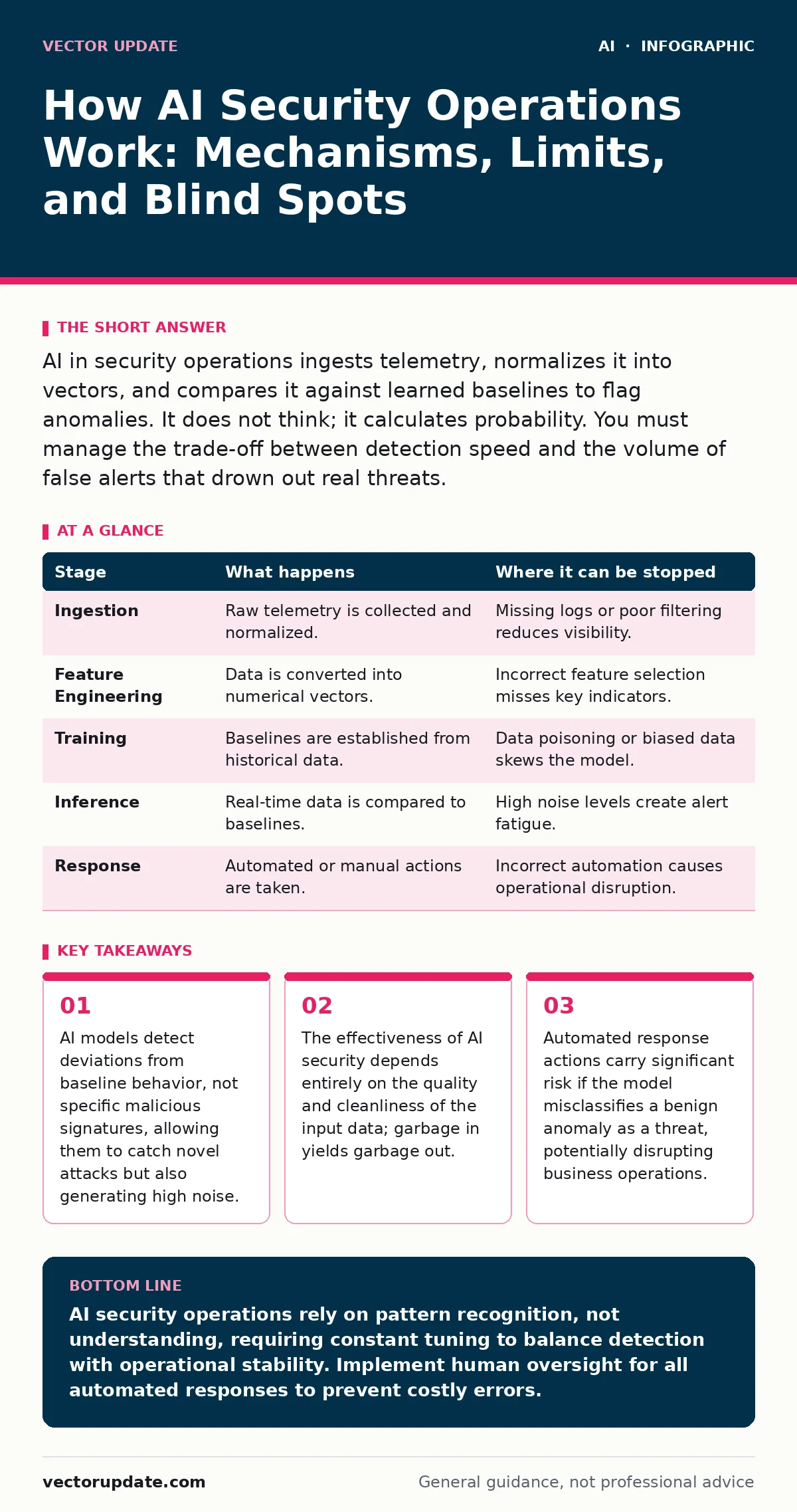 Infographic: How AI Security Operations Work: Mechanisms, Limits, and Blind Spots. AI models detect deviations from baseline behavior, not specific malicious signatures, allowing them to catch novel attacks but also generating high noise. The effectiveness of AI security depends entirely on the qual