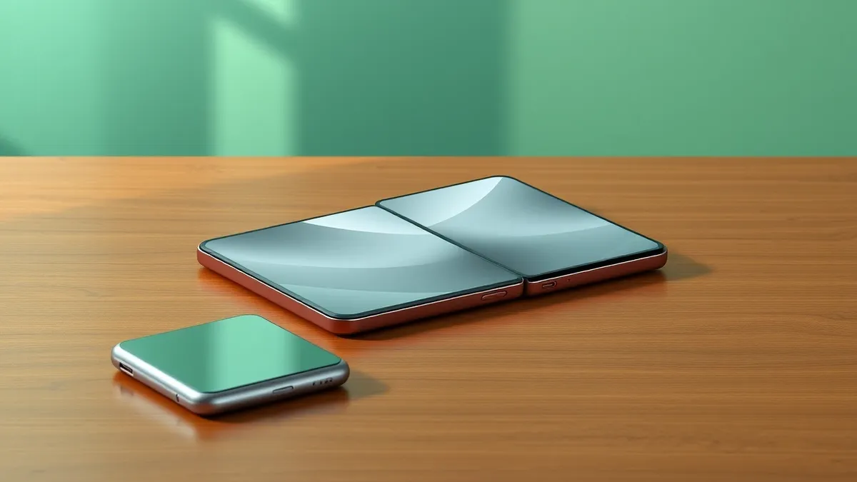 Illustration: A folded smartphone lies on a polished wooden table, its large central crease clearly visible.