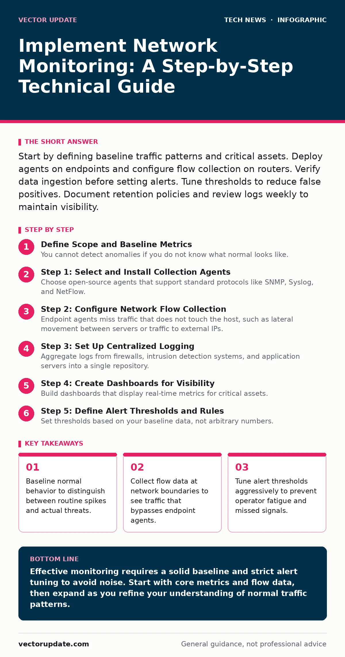 Infographic: Implement Network Monitoring: A Step-by-Step Technical Guide. Baseline normal behavior to distinguish between routine spikes and actual threats. Collect flow data at network boundaries to see traffic that bypasses endpoint agents. Tune alert thresholds aggressively to prevent operator f