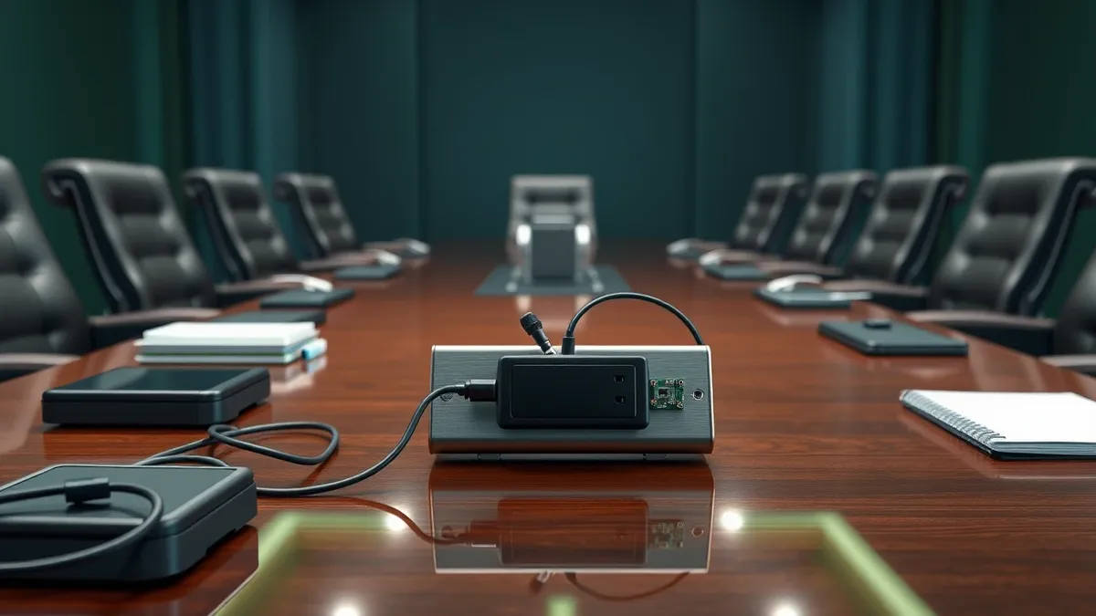 Illustration: A tiny black audio recorder hides inside a hollowed-out power strip on a cluttered office desk.