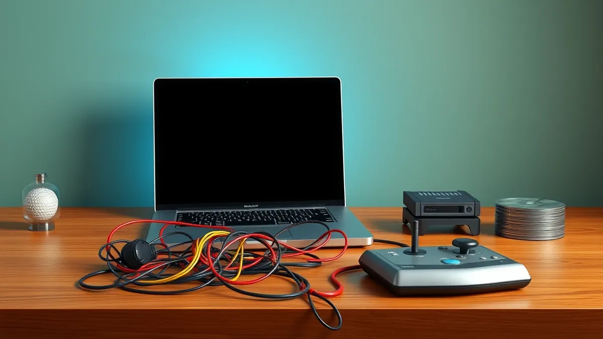 Illustration: A wooden desk holds an open laptop displaying a blank, abstract game interface.