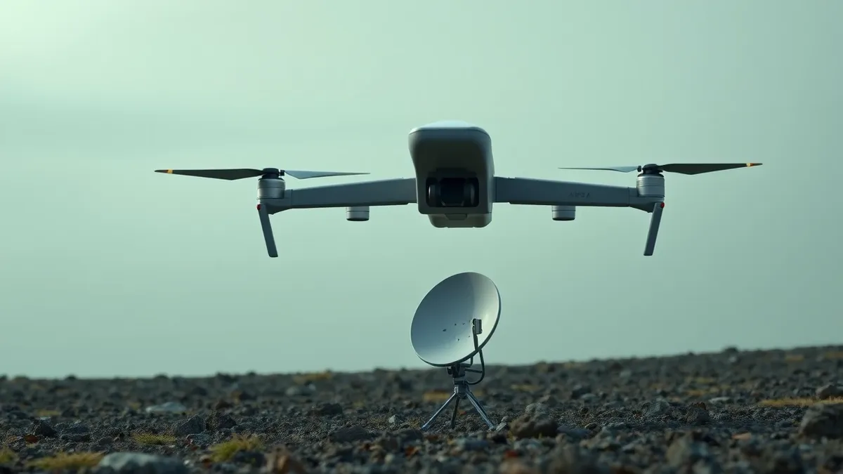 Illustration: A military drone hovers motionless in a gray sky above a rugged field, its camera lens dark and inactive.