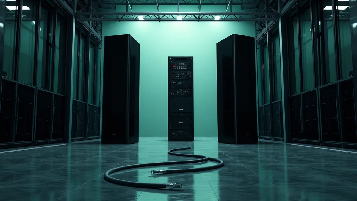 Illustration: A towering rack of black server boxes stands alone in a vast, empty warehouse.