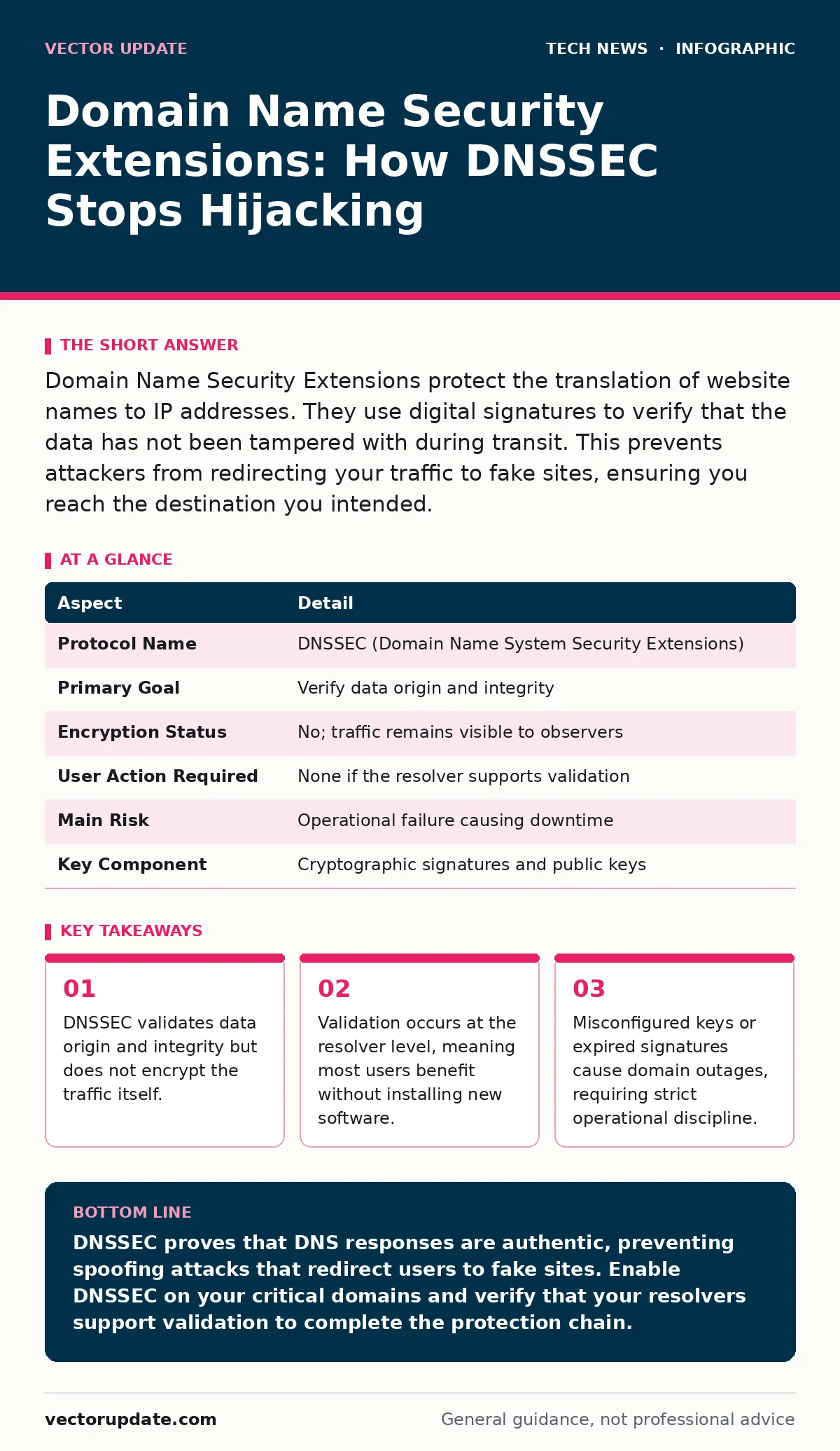 Infographic: Domain Name Security Extensions: How DNSSEC Stops Hijacking. DNSSEC validates data origin and integrity but does not encrypt the traffic itself. Validation occurs at the resolver level, meaning most users benefit without installing new software. Misconfigured keys or expired signatures
