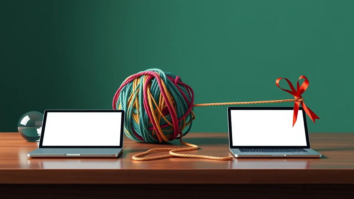 Illustration: A tangled ball of colorful yarn sits beside a neat, straightened strand tied with a red ribbon, symbolizing the difference between intercepted and verified data paths