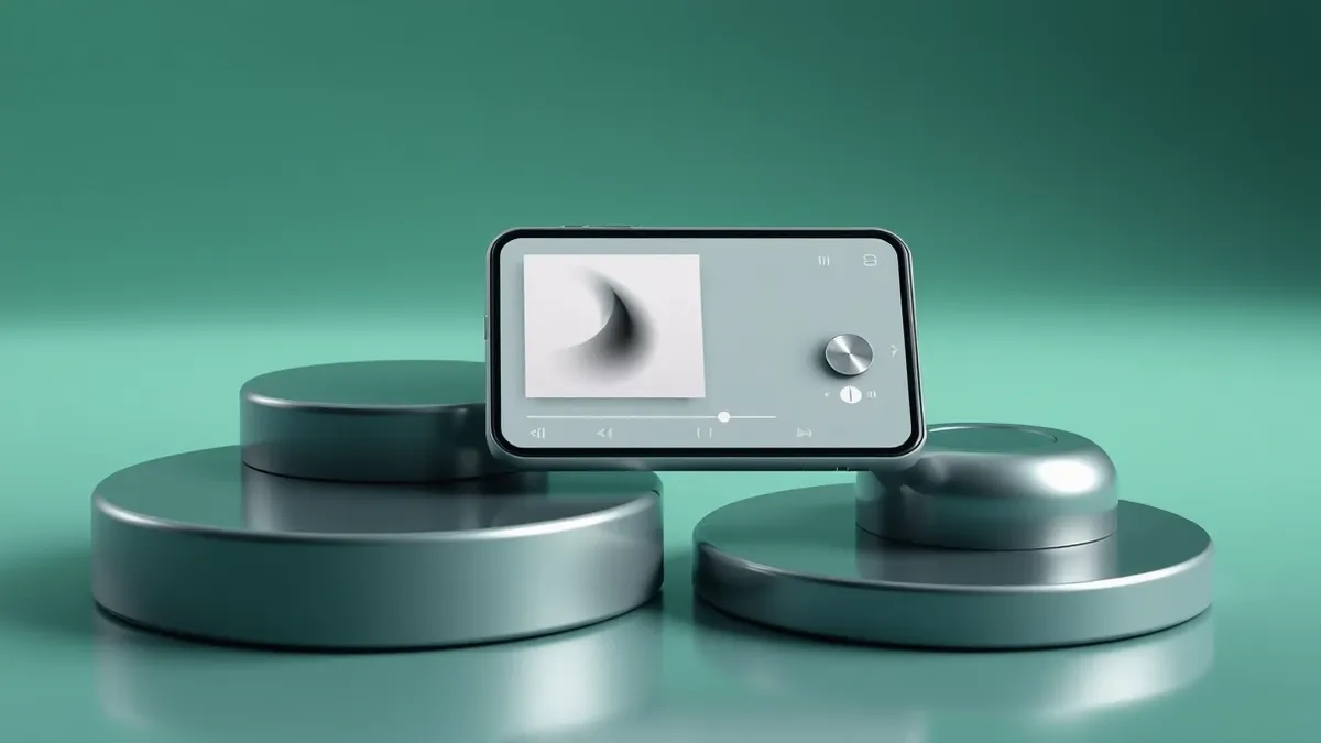 Illustration: A smartphone displays a music streaming interface with a blank album cover and a minimalist wave visualization.