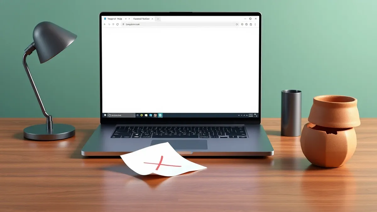 Illustration: A wooden desk holds an open laptop displaying a blank browser window.