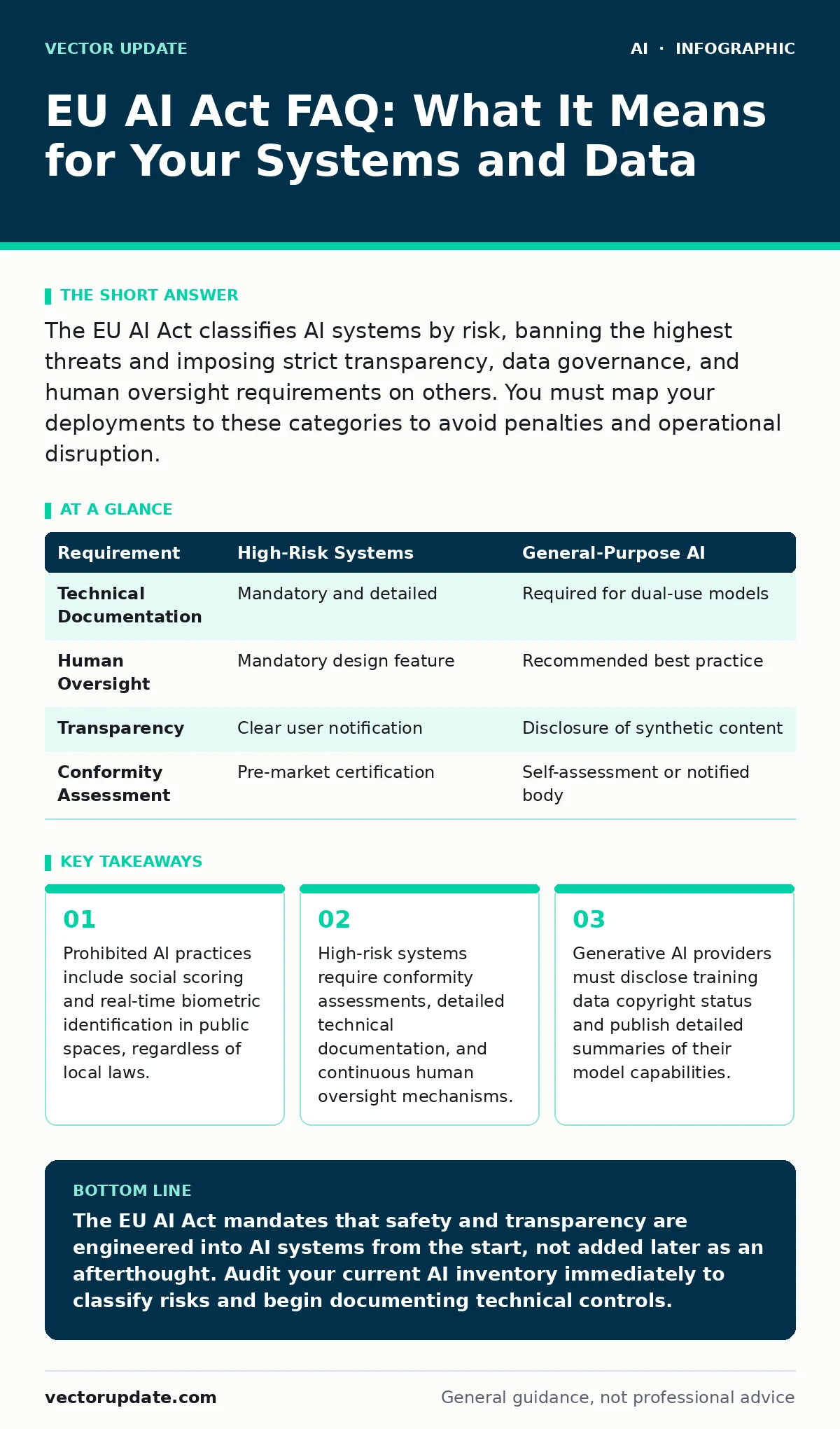 Infographic: EU AI Act FAQ: What It Means for Your Systems and Data. Prohibited AI practices include social scoring and real-time biometric identification in public spaces, regardless of local laws. High-risk systems require conformity assessments, detailed technical documentation, and continuous hu