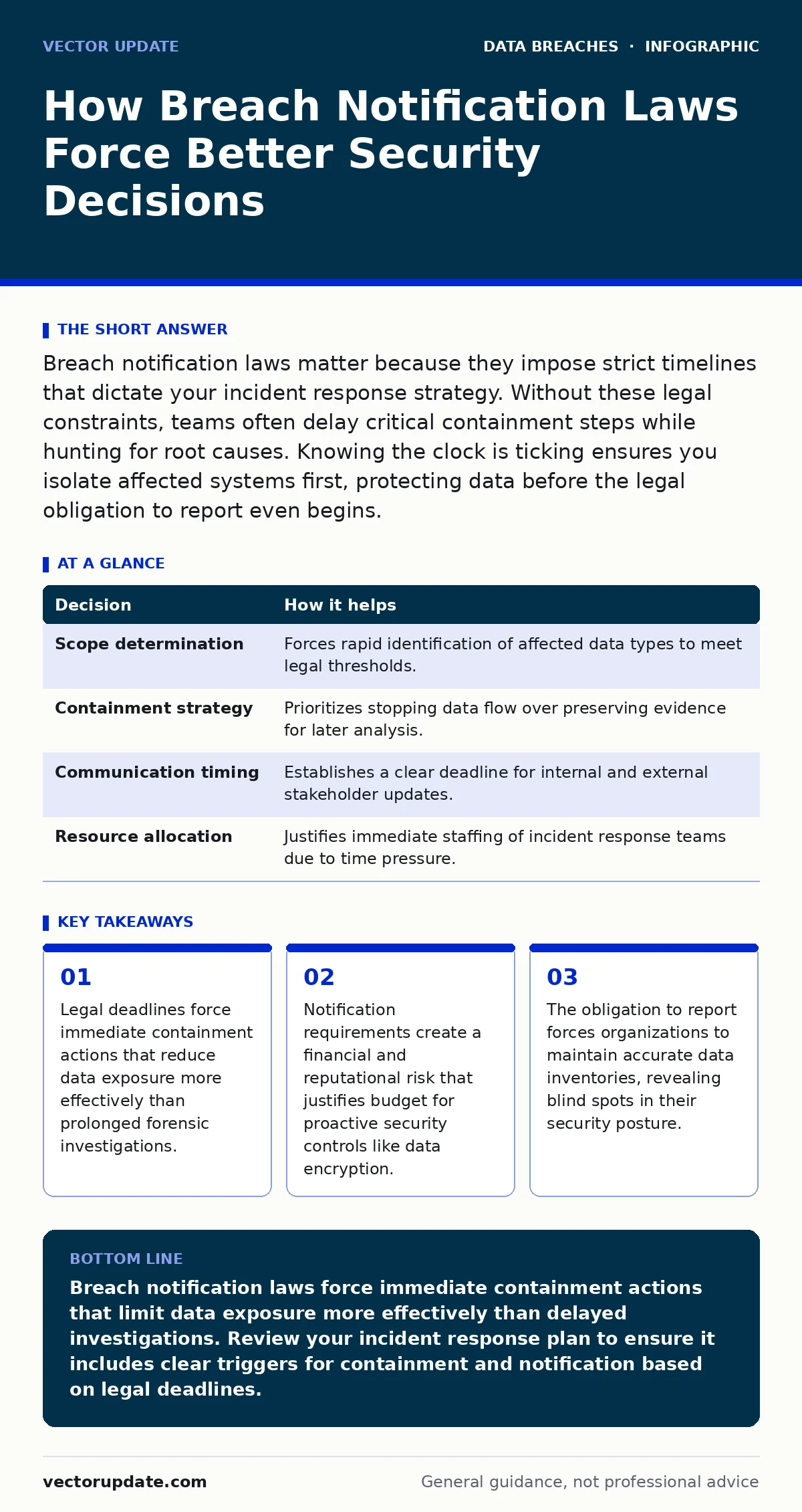 Infographic: How Breach Notification Laws Force Better Security Decisions. Legal deadlines force immediate containment actions that reduce data exposure more effectively than prolonged forensic investigations. Notification requirements create a financial and reputational risk that justifies budget f