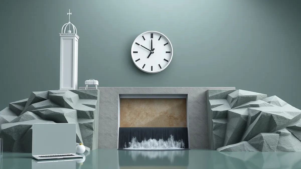 Illustration: A stark white clock tower stands against a grey sky, its hands frozen at midnight.