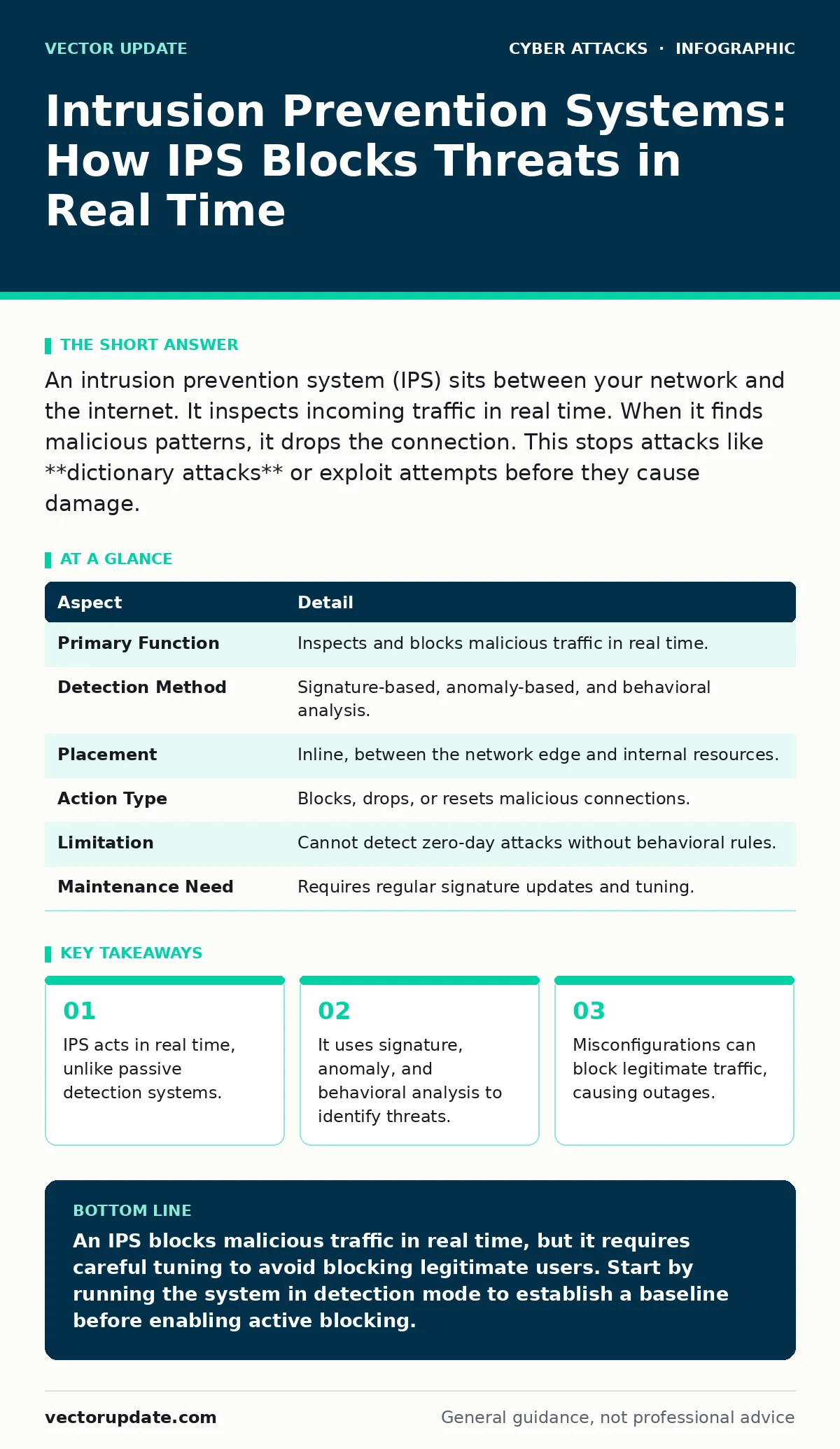 Infographic: Intrusion Prevention Systems: How IPS Blocks Threats in Real Time. IPS acts in real time, unlike passive detection systems. It uses signature, anomaly, and behavioral analysis to identify threats. Misconfigurations can block legitimate traffic, causing outages. IPS works best when paire