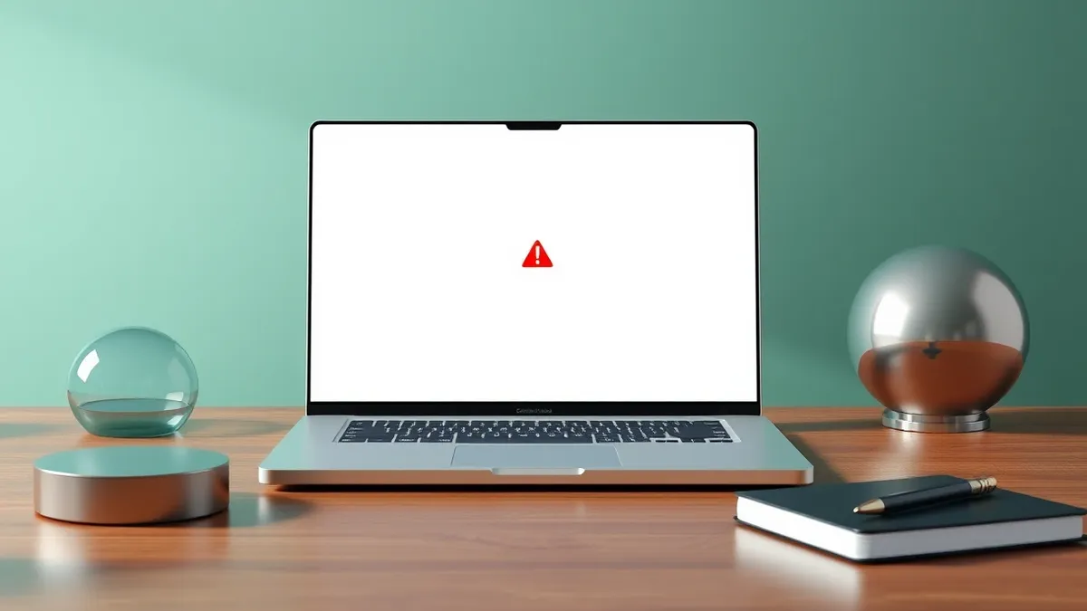 Illustration: A silver laptop sits on a wooden desk, its screen displaying a blank spreadsheet grid.