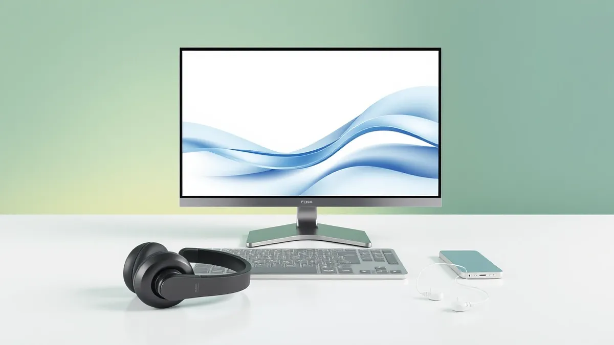 Illustration: A sleek desktop monitor sits on a clean white desk, displaying a blank interface with subtle abstract blue waves.