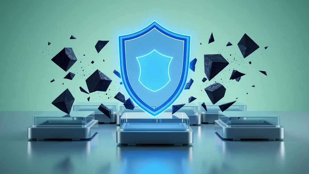 Illustration: A glowing blue shield hovers protectively over a cluster of translucent software boxes.