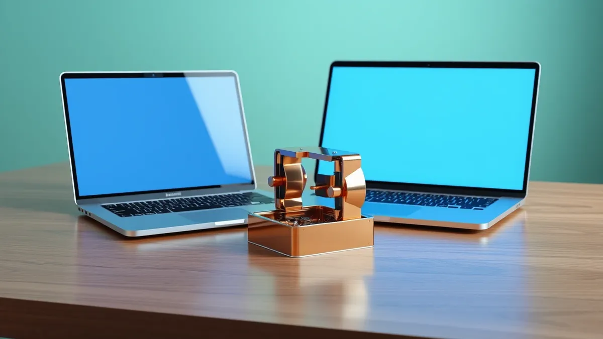 Illustration: A clean, modern desk holds a single laptop with a blank screen, casting a soft blue glow on the wooden surface.