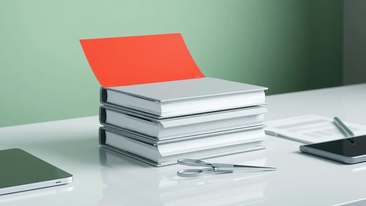 Illustration: A solitary stack of unmarked gray folders sits on a clean desk, with a single bright red file resting atop the pile.