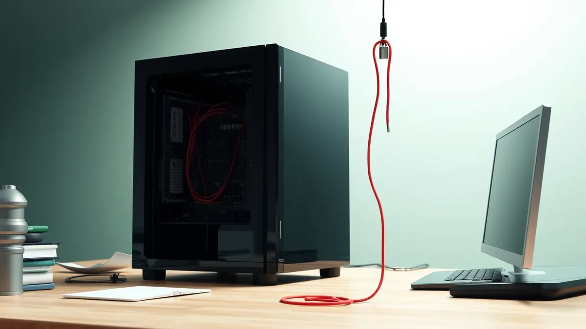 Illustration: A sleek black server tower sits open on a cluttered desk, its internal circuit boards exposed under harsh white light.