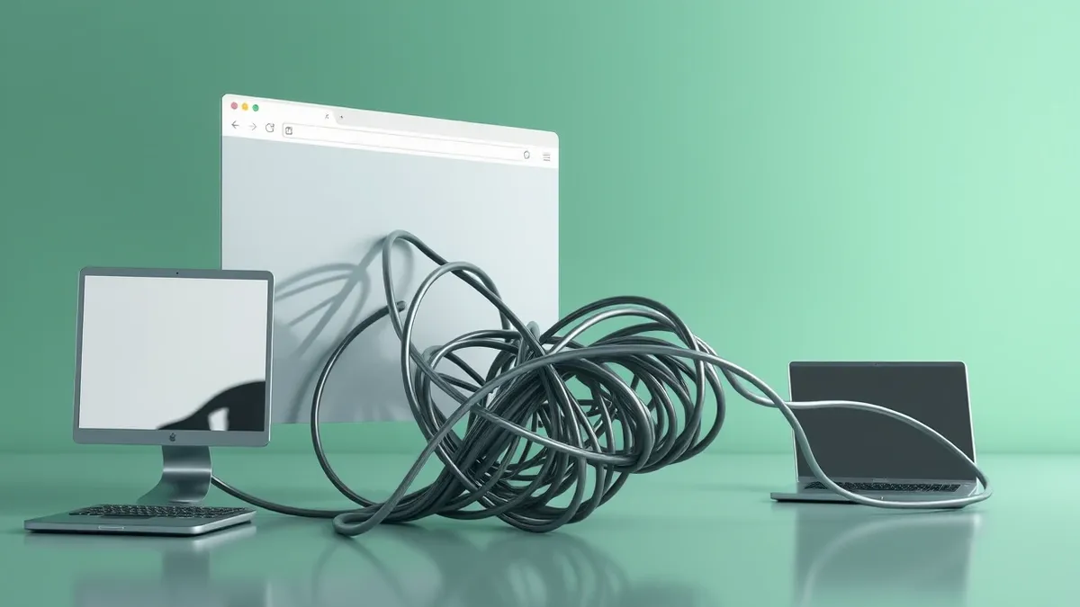 Illustration: A tangled knot of thin, semi-transparent tubes connects a browser window to a server rack.