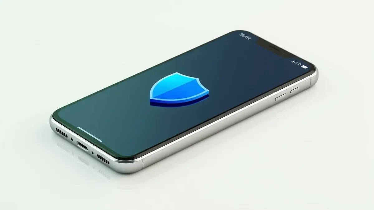 Illustration: A smartphone lies on a clean white surface, its screen displaying a simple blue shield icon resting atop a generic application grid.