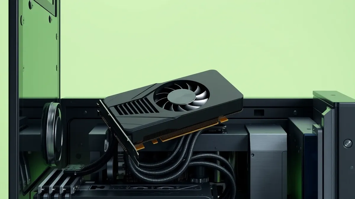 Illustration: A sleek black GPU accelerator card rests inside an open desktop computer chassis.
