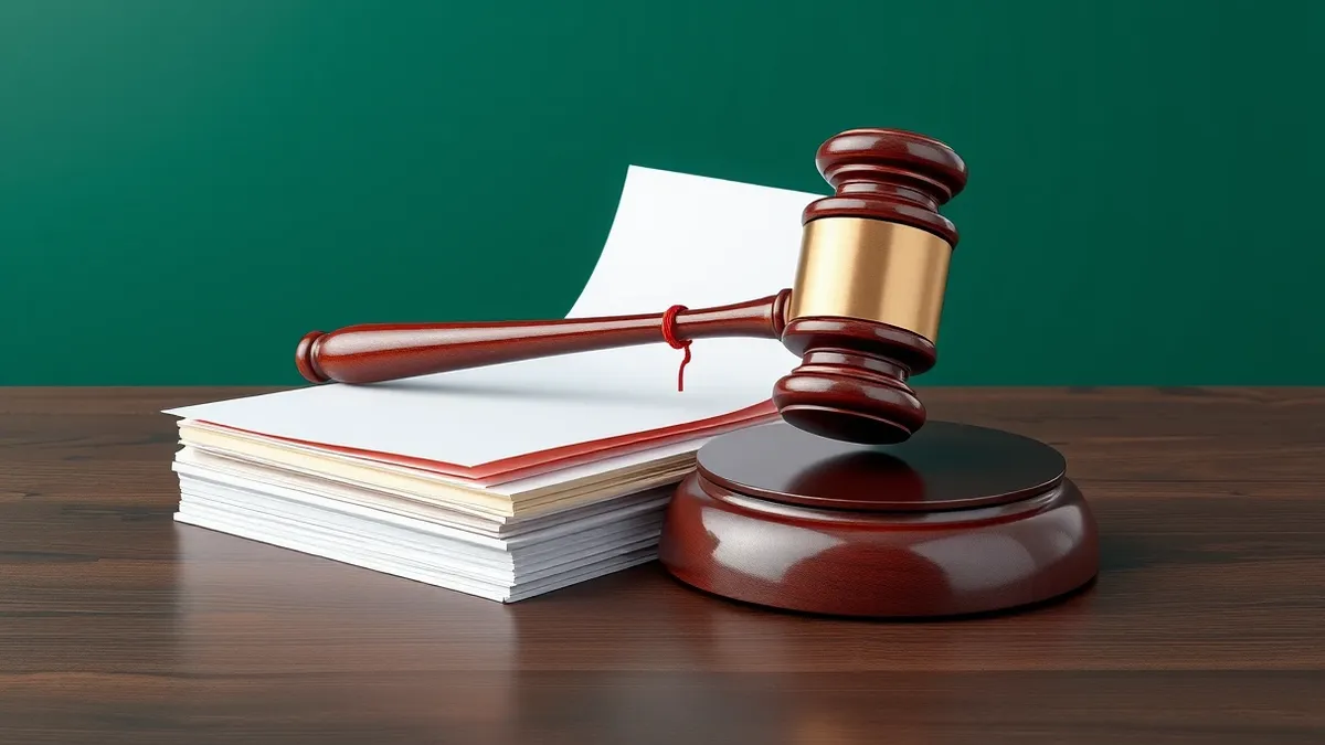 Illustration: A heavy wooden gavel rests on a dark oak bench beside a stack of blank manila folders.