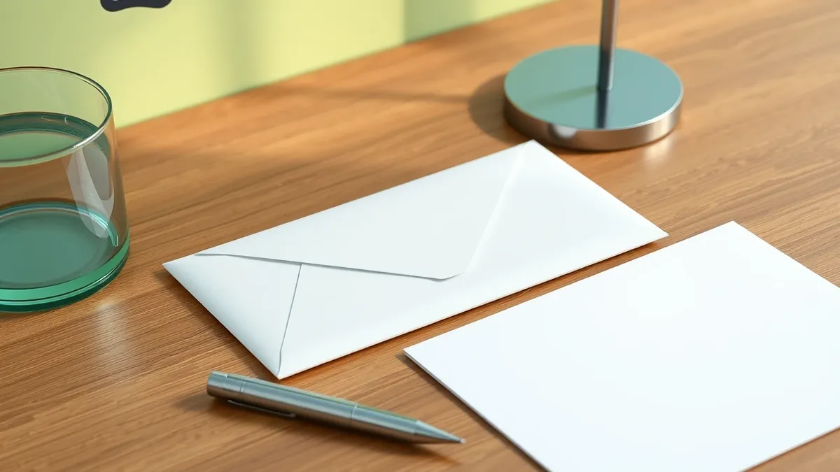 Illustration: A sealed white envelope rests on a wooden desk next to a pen and a blank piece of paper.