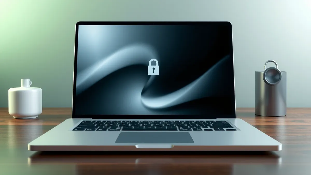 Illustration: A sleek silver laptop sits on a wooden desk, its screen displaying a dimmed, blurred abstract background with a subtle keyhole icon hovering centrally.