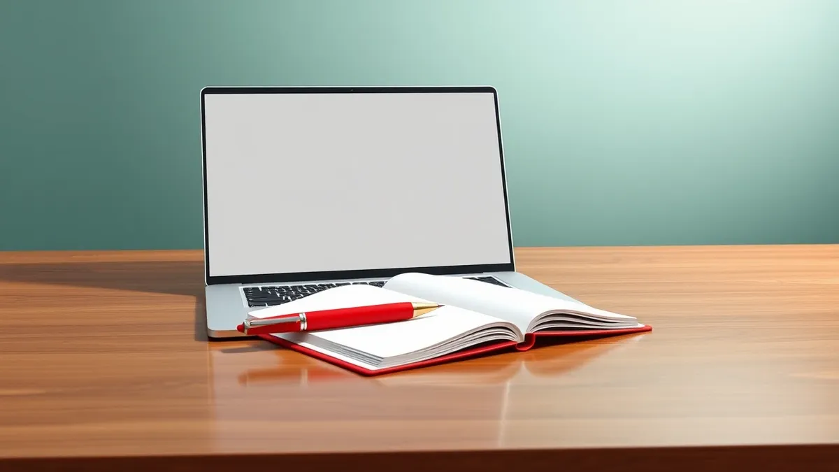 Illustration: A sleek silver laptop sits open on a polished wooden desk, its blank screen reflecting the soft overhead light.