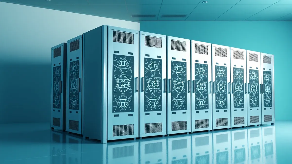 Illustration: A sleek silver server rack sits alone in a sterile room with cool blue lighting.