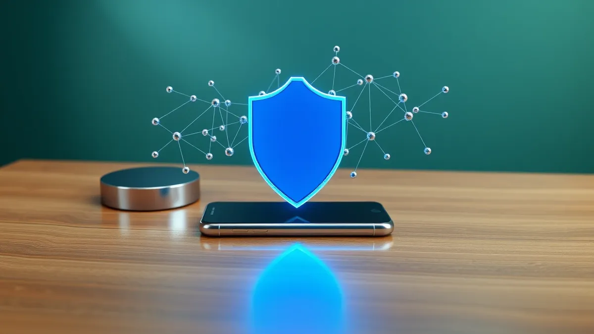 Illustration: A smartphone rests on a wooden table with a glowing blue shield hovering over its screen.